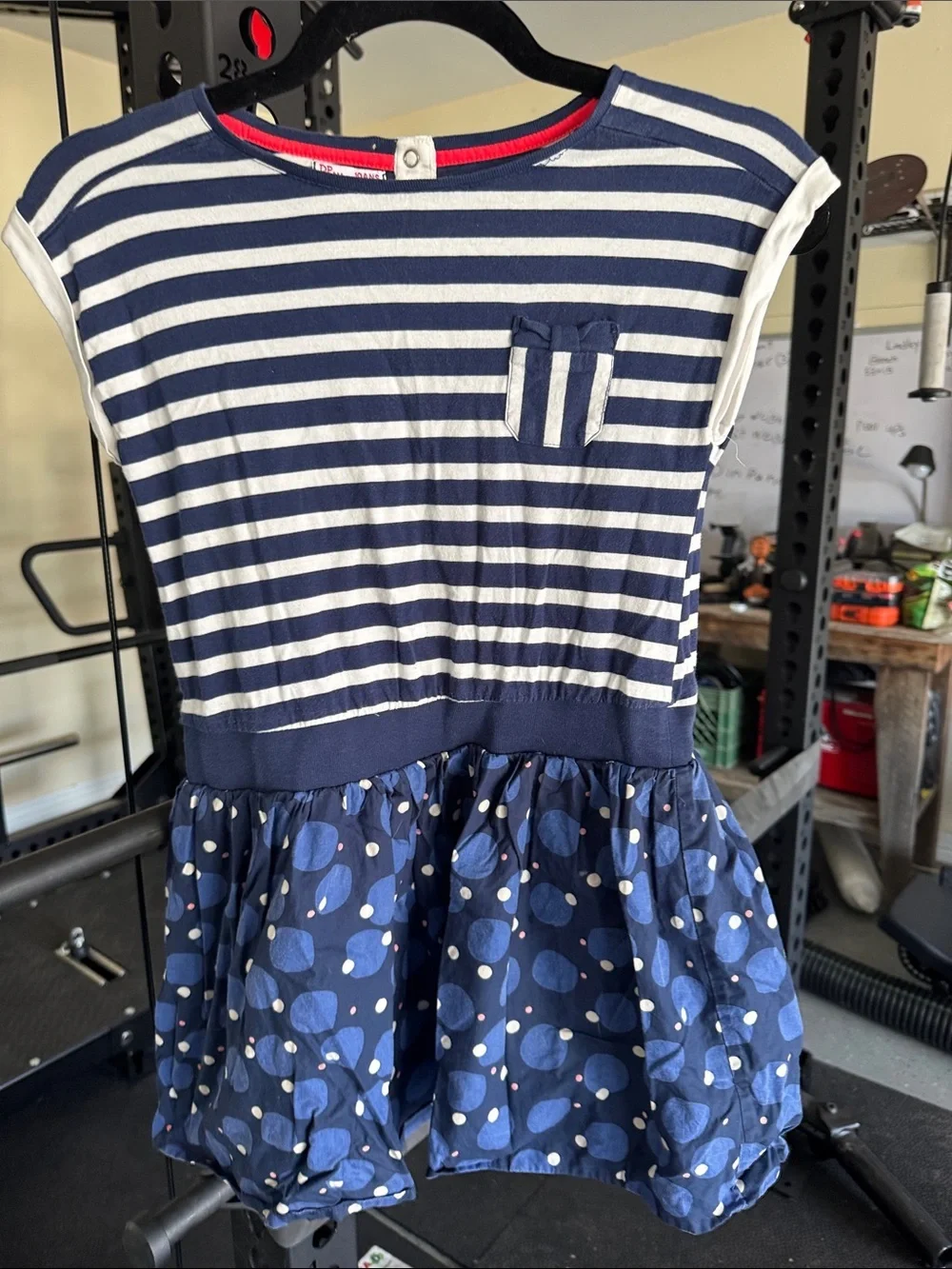 Girls Navy & White Striped Casual Dress with Polka Dot Skirt